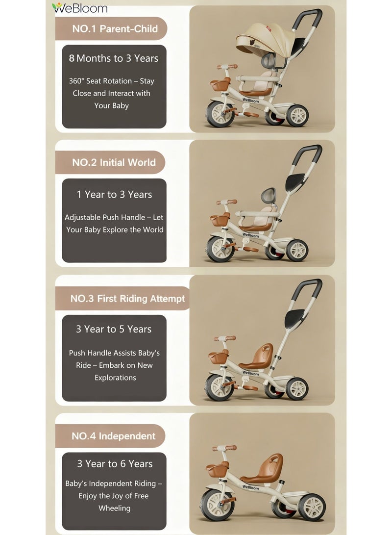 WeBloom 4-in-1 Baby Stroller, 3 Wheel Travel Stroller,2-way Swivel Seat for Toddler Boys and Girls,with Seat Belt,Adjustable Push Handle, Removable Canopy,Toddler Stroller Or Ride-On Bike with Dual Safety Brakes for 8 Months-6 Years (Beige). - Image 3